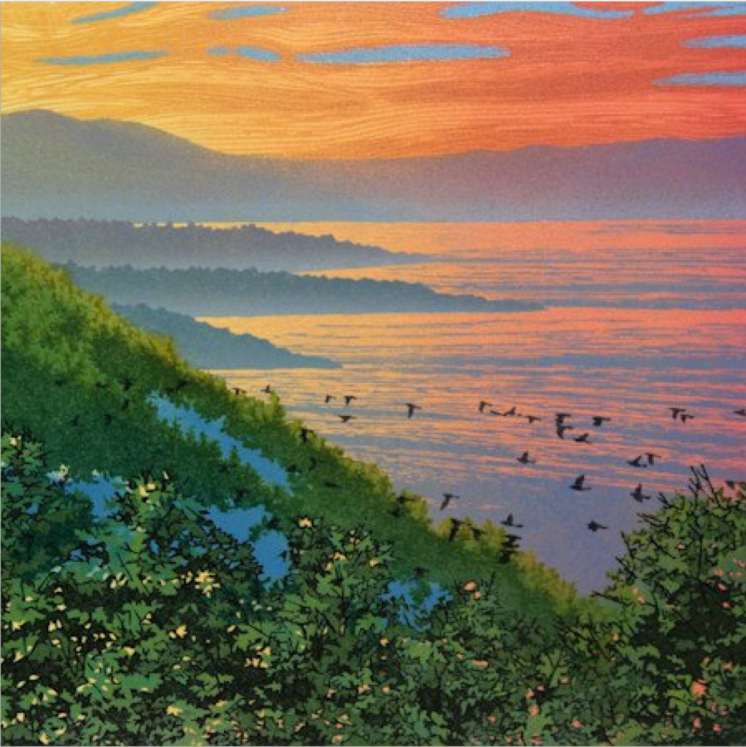 Painting of birds flying over the coast at sunset