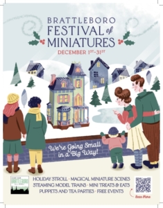 General Poster for Brattleboro Festival of Miniatures featuring people walking on sidewalk looking at small victorian dollhouses