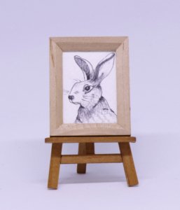 Miniature graphite drawing of rabbit, 1 ¾” x 1 ⅜”