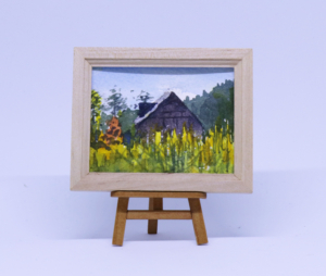 Miniature watercolor painting of Stark Farm in wooden frame, 2 ⅜” x 3” 