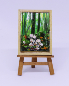 Miniature painting of white mushrooms in green forest, 2” x 1 ½” 